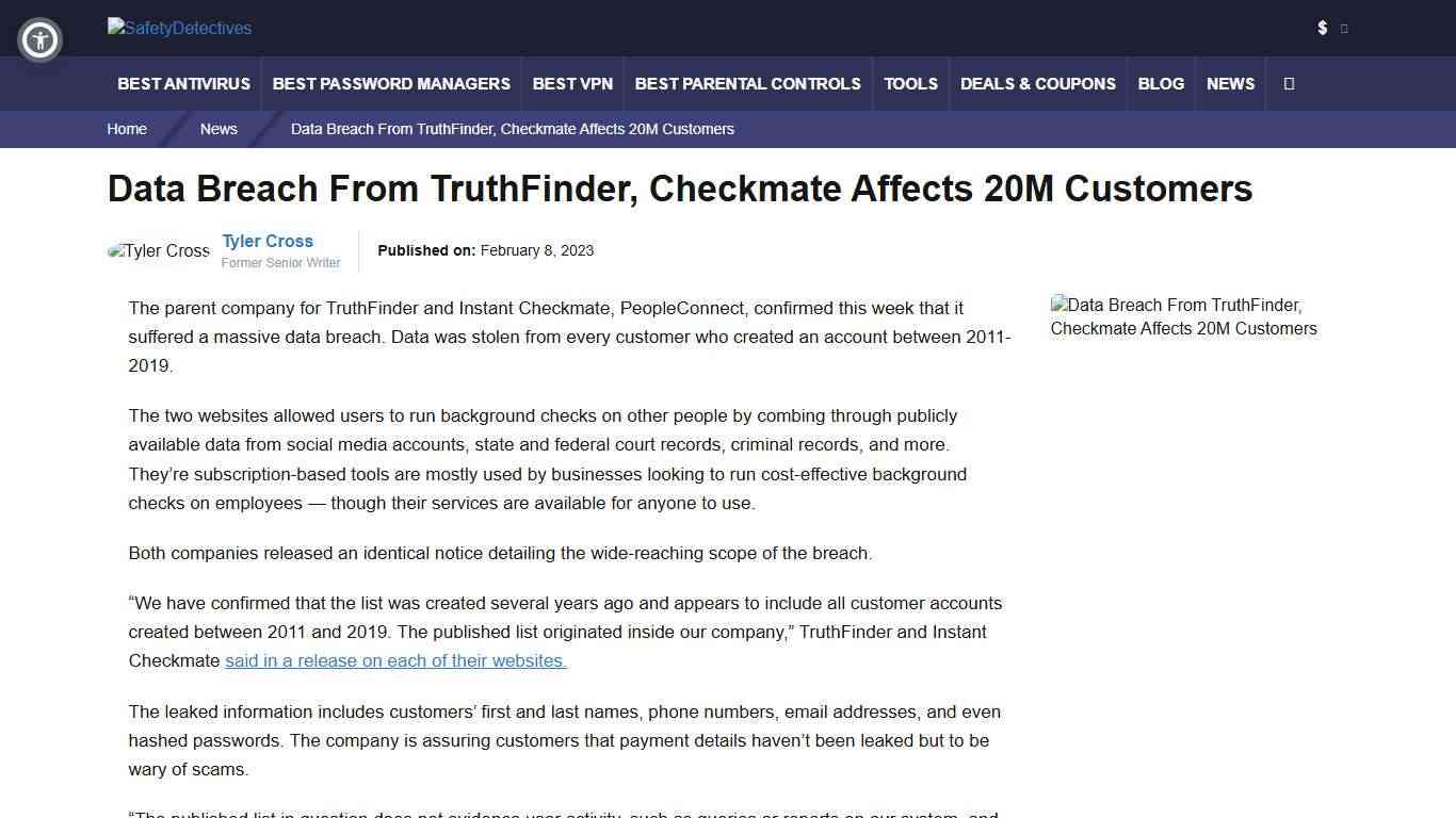 Data Breach From TruthFinder, Checkmate Affects 20M Customers